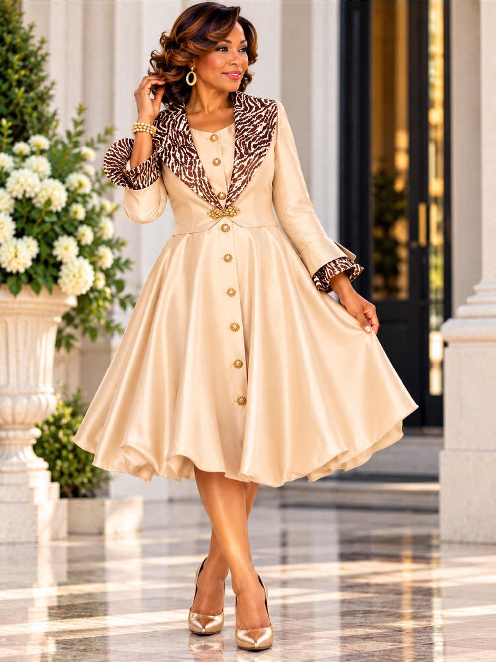 Giovanna G1220 Champagne Faux 2pc Sequined Collar Coat Dress Size 12
